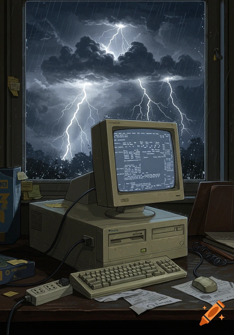 An old beige desktop PC sits on a desk in front of a window. Outside, a heavy thunderstorm rages with lightning flashes.