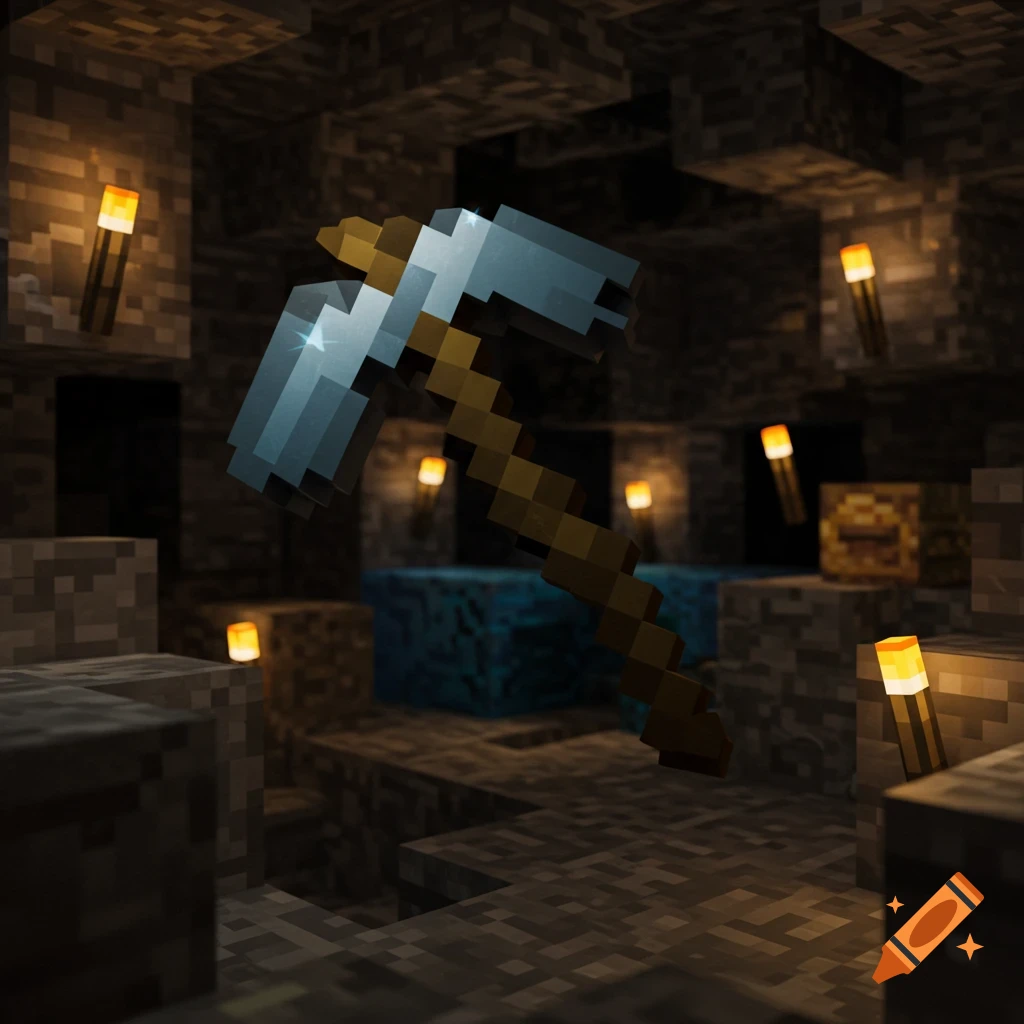 A pixelated Minecraft iron pickaxe floats in a dimly lit cave, surrounded by torches, blocks, and a glowing blue pool.