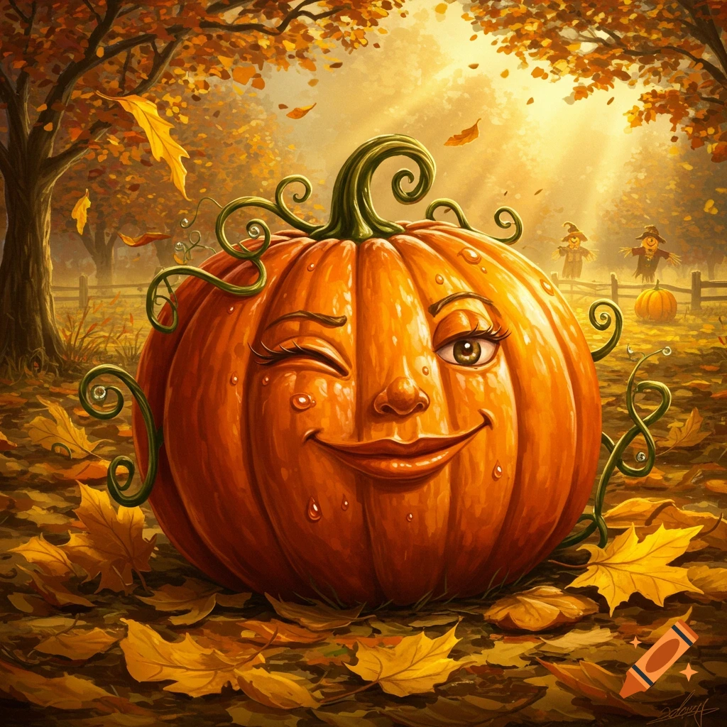 A winking, anthropomorphic pumpkin with vines surrounded by colorful autumn leaves in a sunlit forest.
