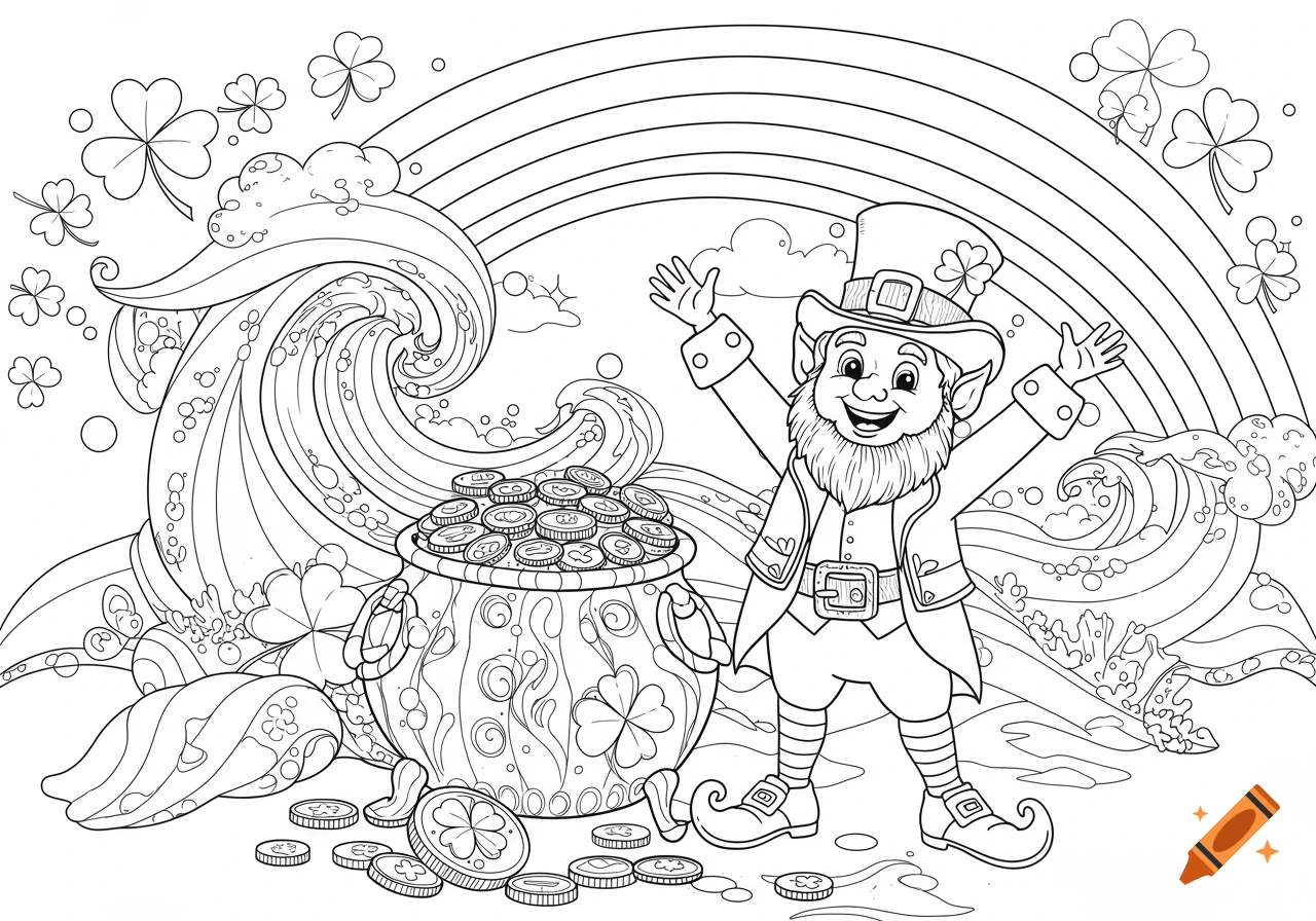 Black and white line art of a smiling leprechaun next to a pot of gold with a rainbow, shamrocks, and waves.