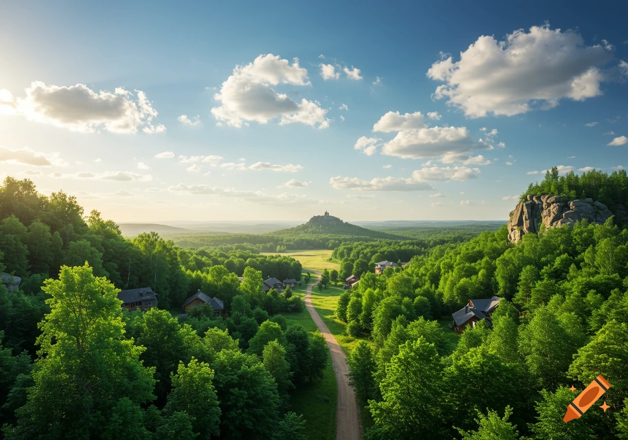Lush green valley with a dirt road, village houses, dense forest, rocky cliff, and distant castle hill under a bright, partly cloudy sky at golden hour.