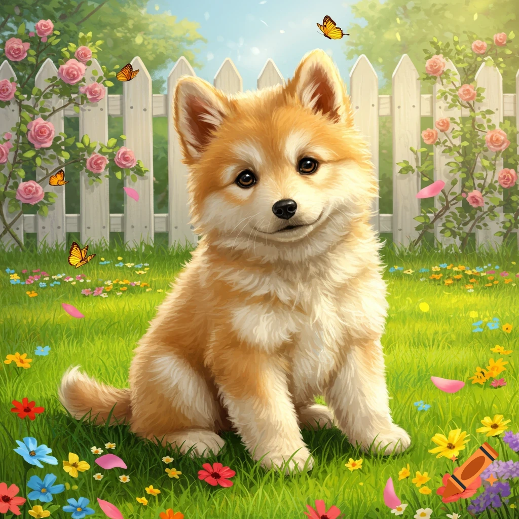 A cute fluffy puppy sits in a vibrant flower garden with a white picket fence and butterflies, digital illustration.