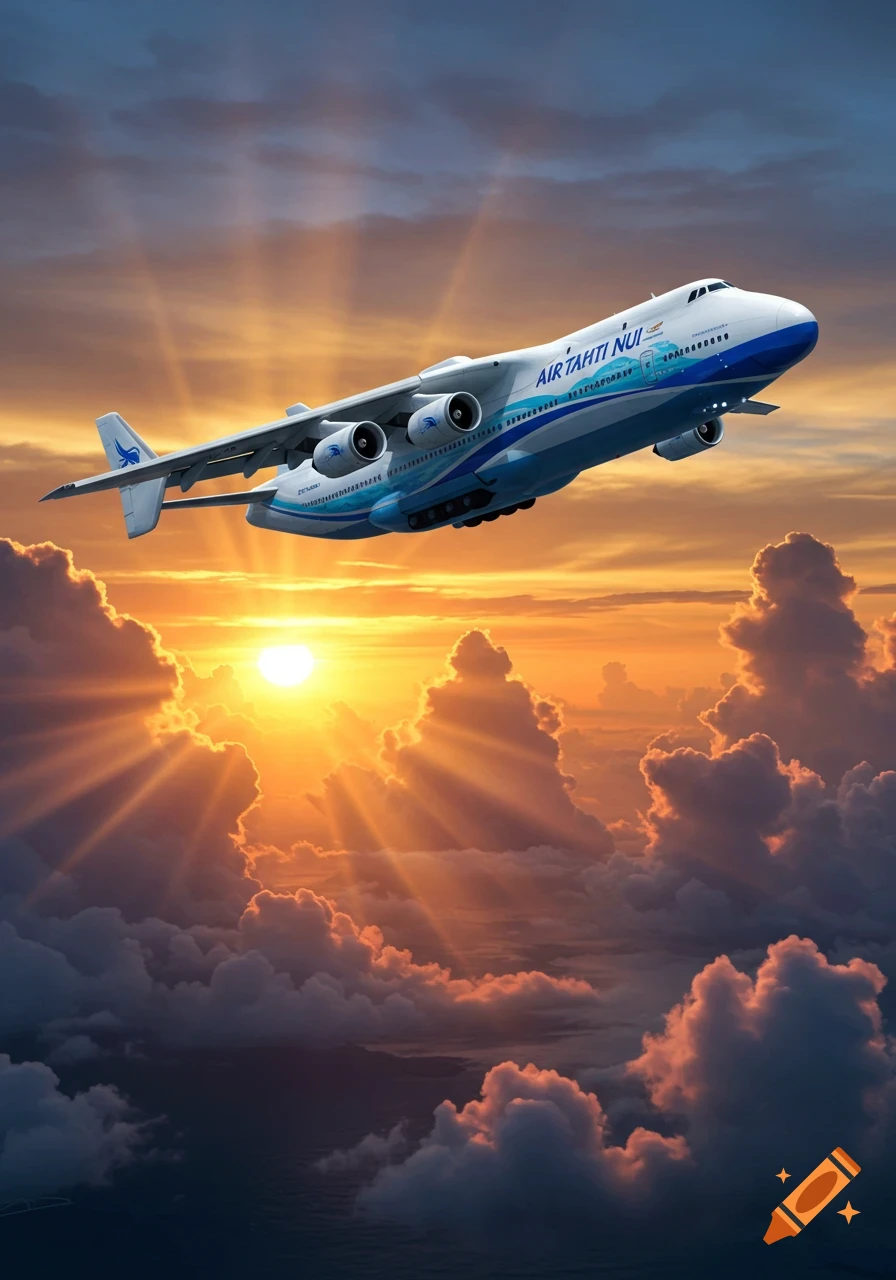 A large Air Tahiti Nui airplane flying high above clouds during a vibrant sunset.