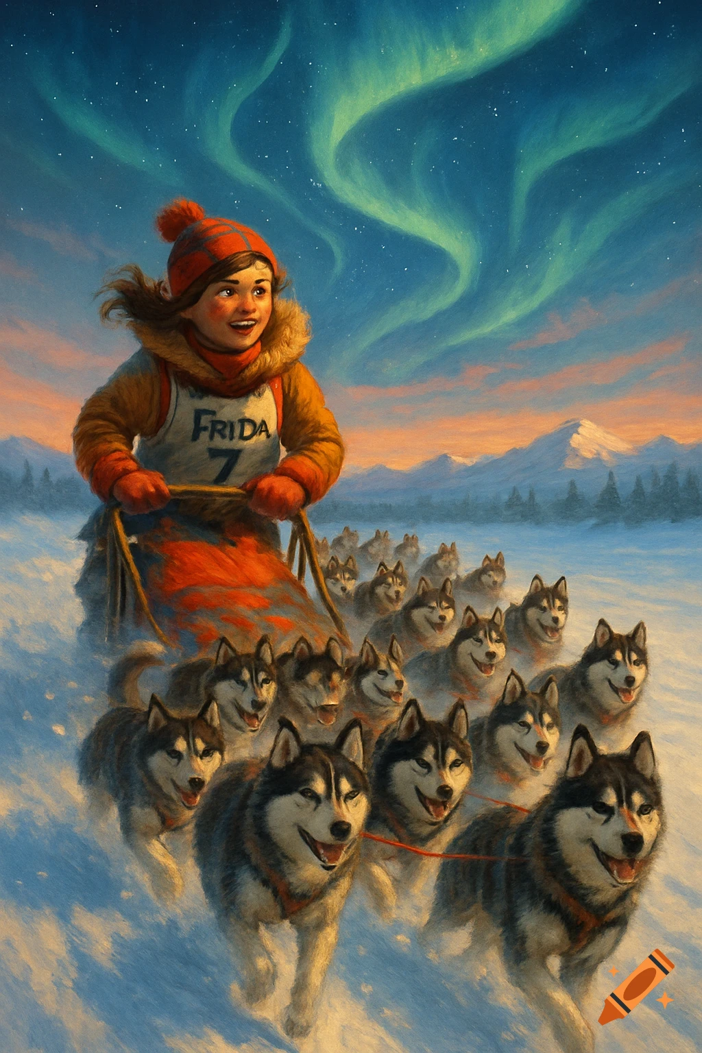 A smiling girl on a dogsled, pulled by huskies through a snowy landscape under the Northern Lights, in a painterly style.