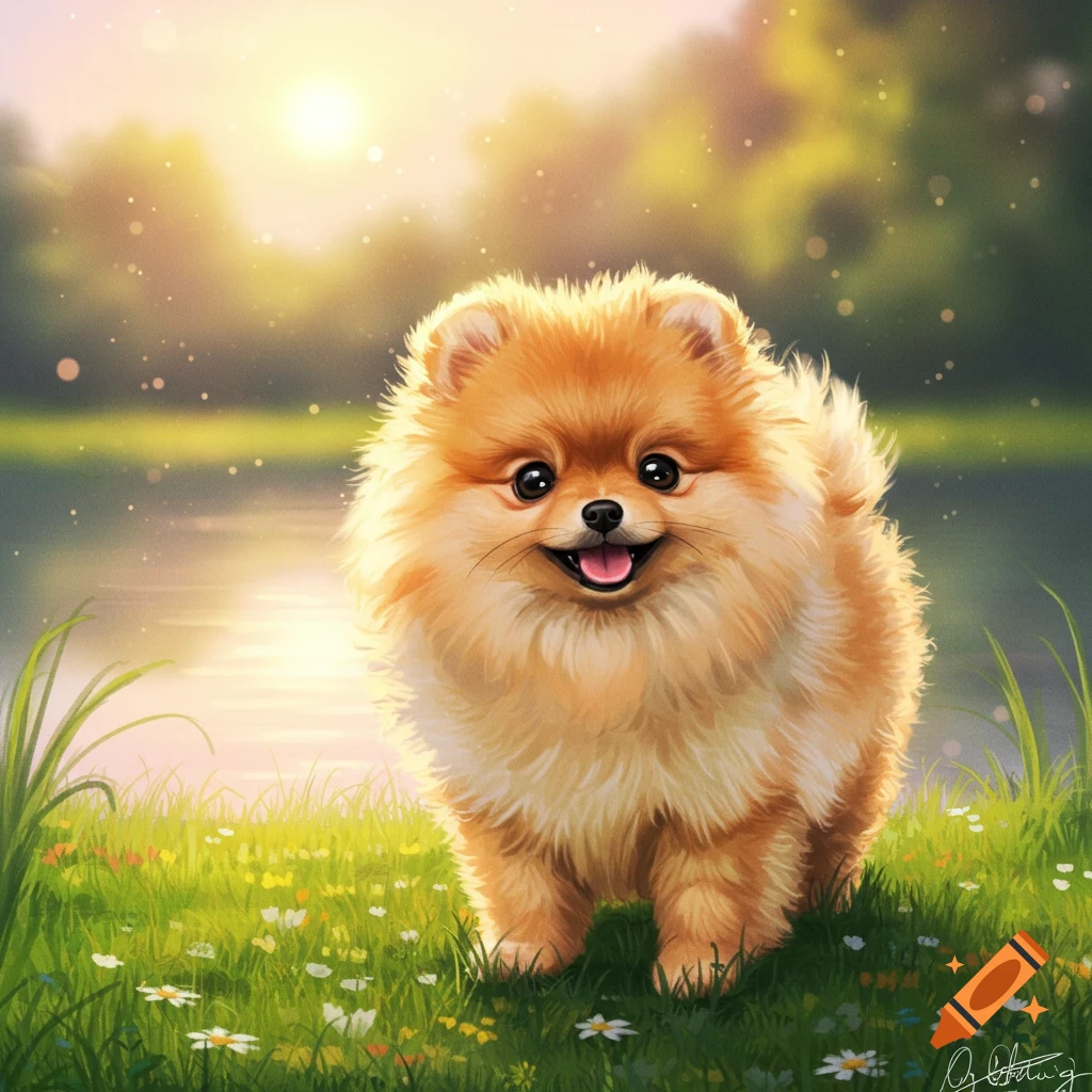 A fluffy, cute Pomeranian dog smiling in a sunlit field of grass and flowers by water.
