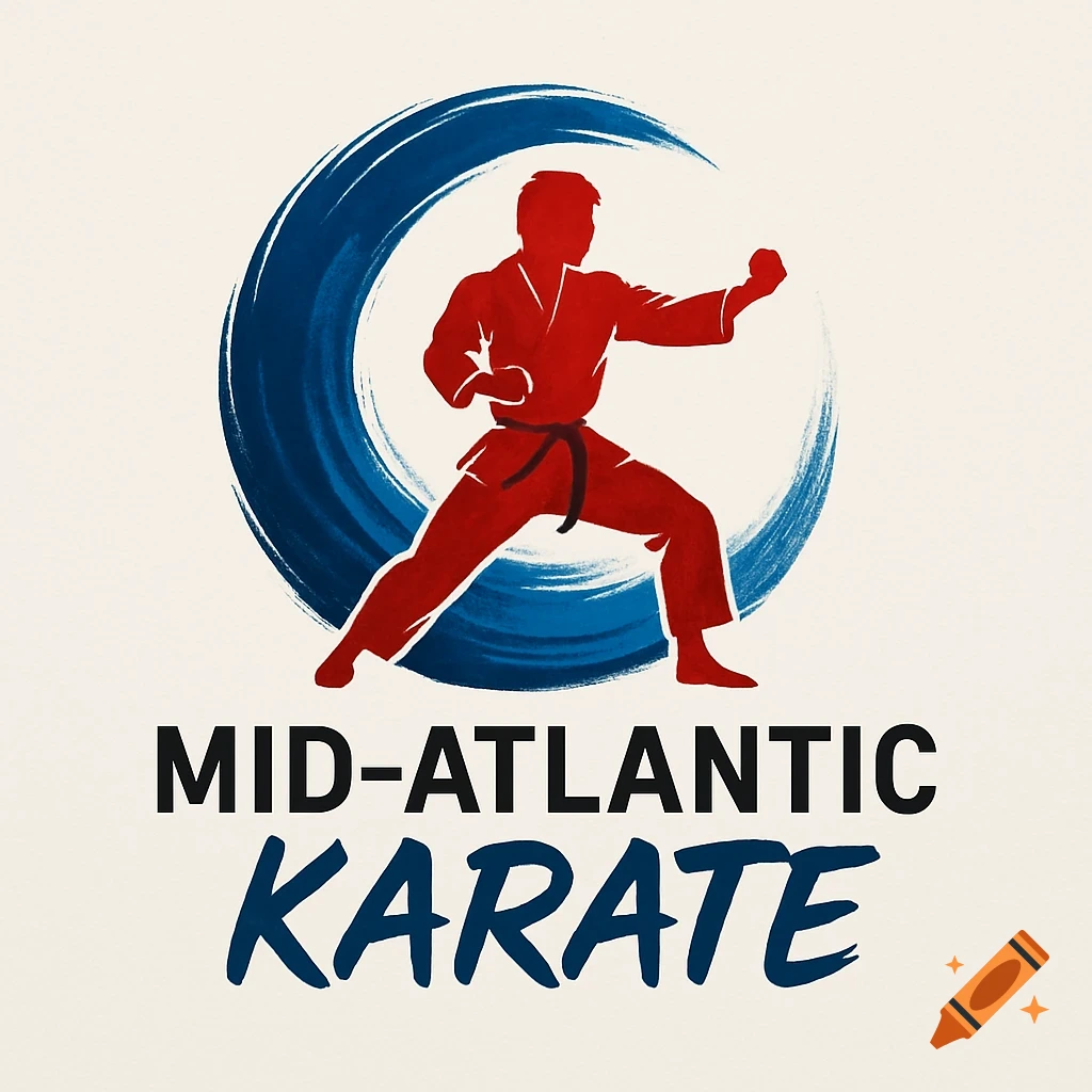 Logo featuring a red silhouette of a person in a karate stance, within a blue brushstroke circle, with "MID-ATLANTIC KARATE" text below.