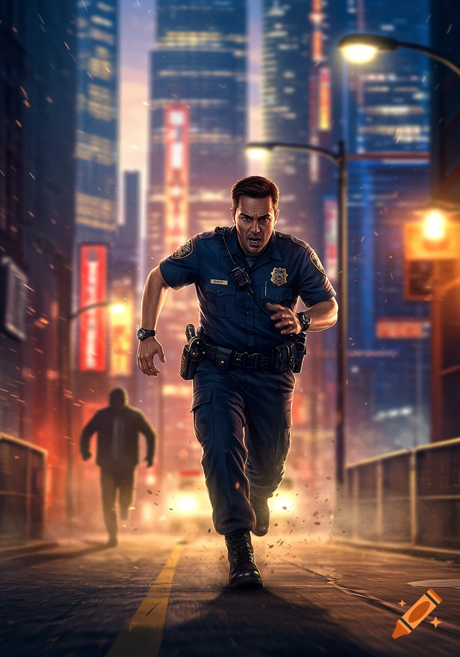 A determined policeman in uniform runs on a city street at night, chasing a silhouetted figure in the blurry background.