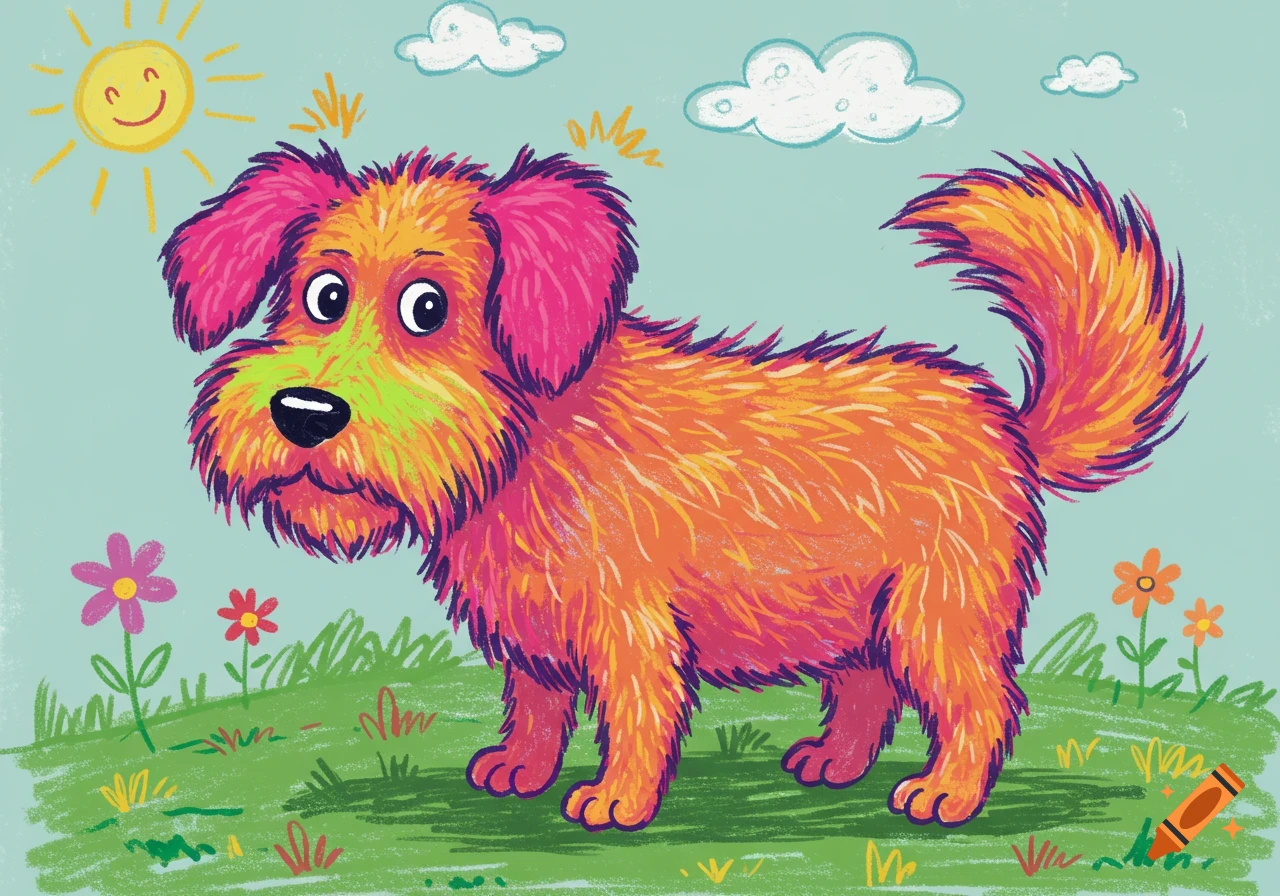 A colorful, shaggy dog with big eyes stands in a grassy field under a smiling sun, drawn in a child-like crayon style.