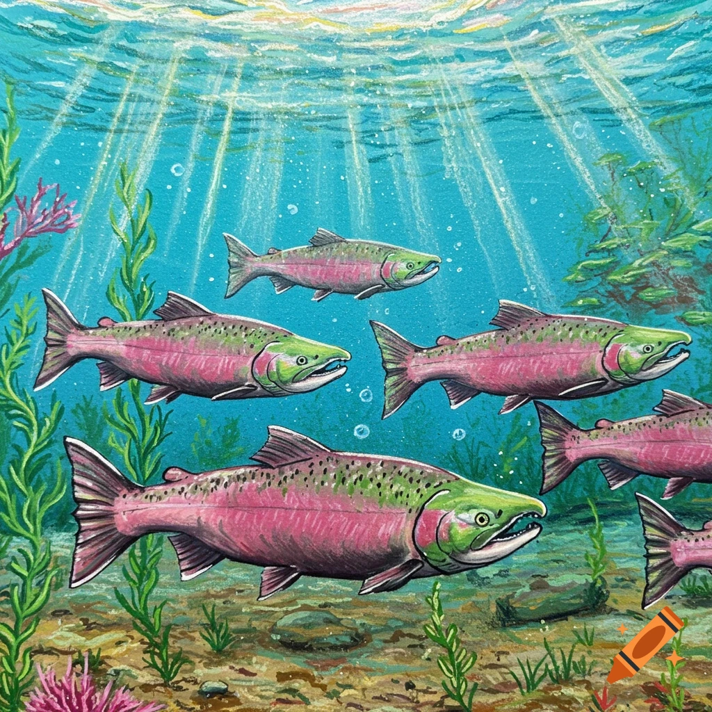 Crayon drawing of several pink and green salmon swimming underwater among green seaweed with light rays from the surface.