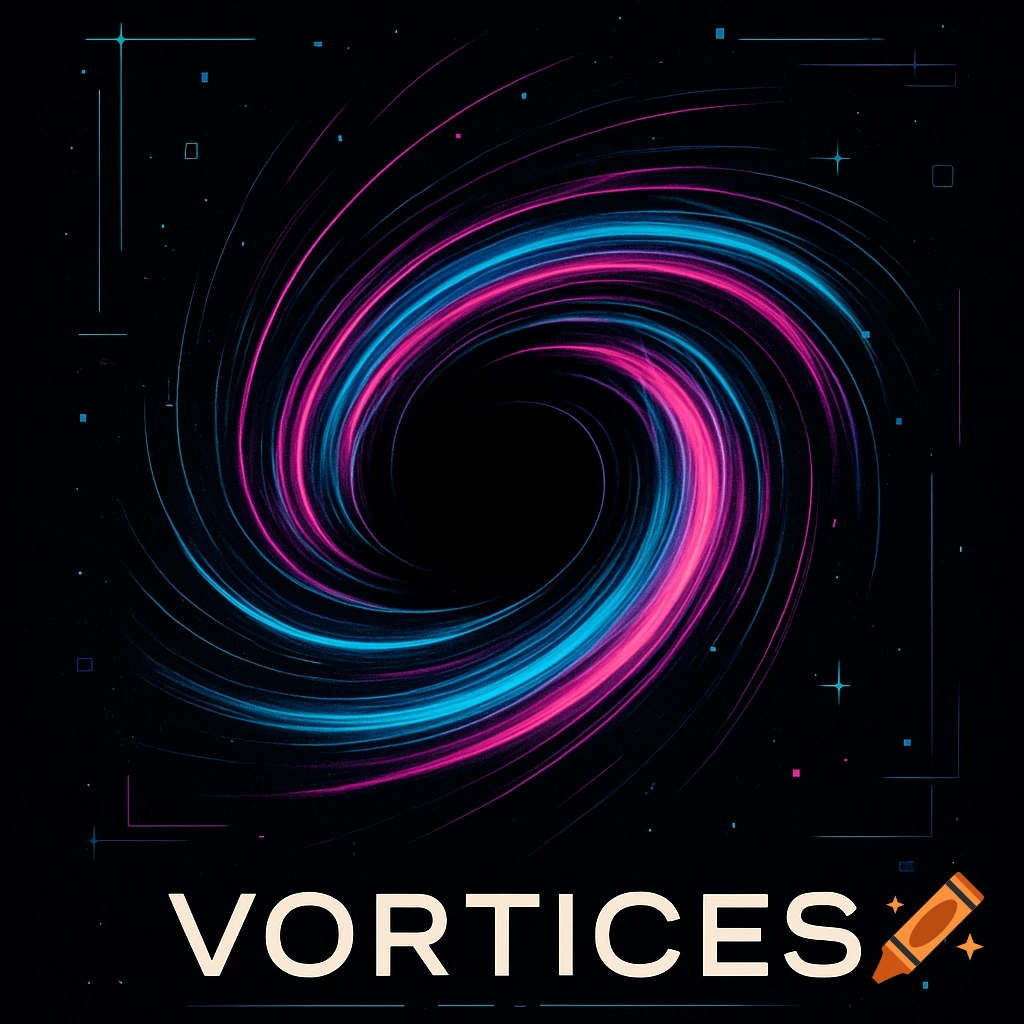 A vibrant pink and blue glowing vortex spins on a dark, futuristic background with the word VORTICES below.