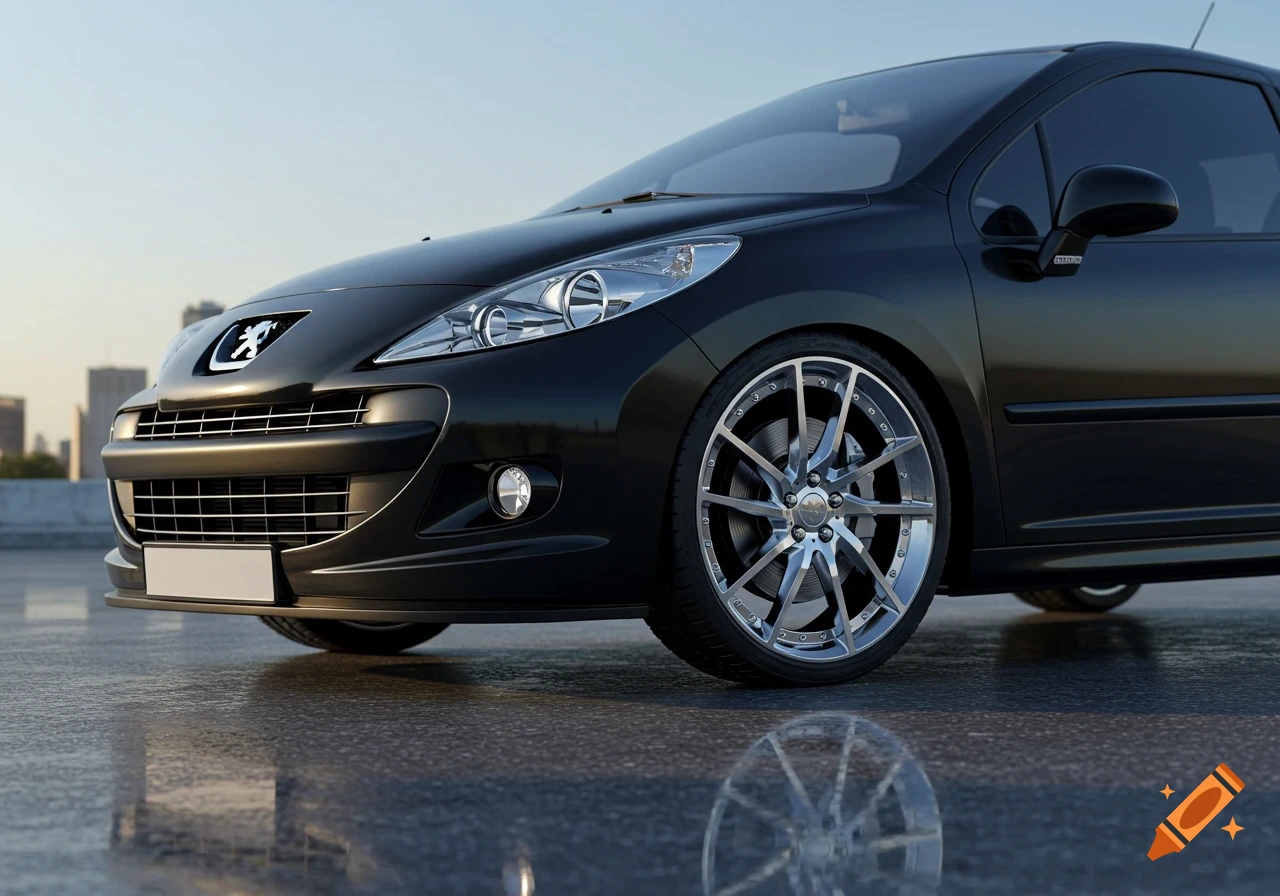 Photorealistic close-up of a sleek black Peugeot 207 with custom silver rims, parked on a reflective surface, city in background.
