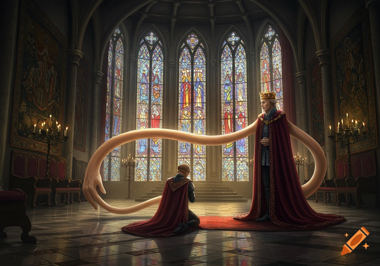 A person kneels before a prince with an absurdly long arm, in a grand hall with towering stained glass windows.