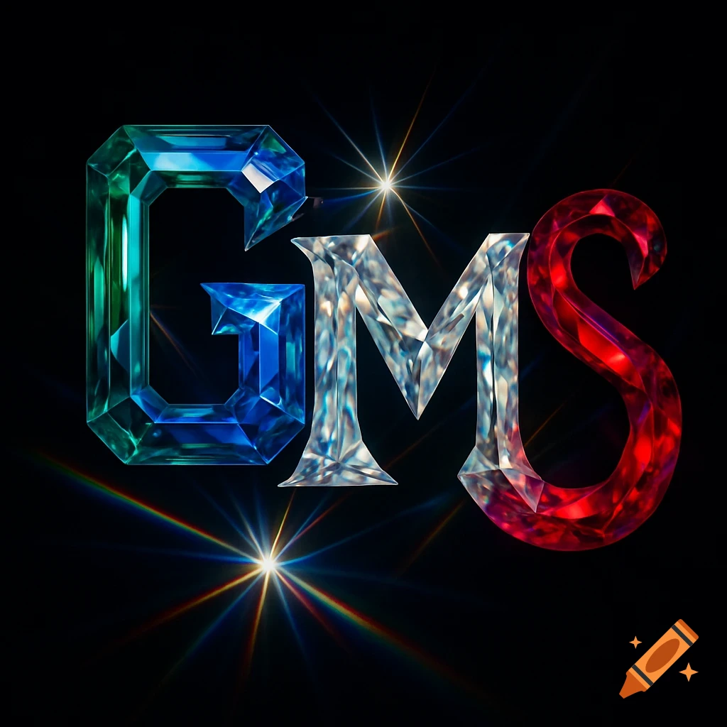 Stylized gemstone letters GEMS on a black background. The 'G' is emerald green and blue, 'M' is diamond white, and 'S' is ruby red, with light flares.