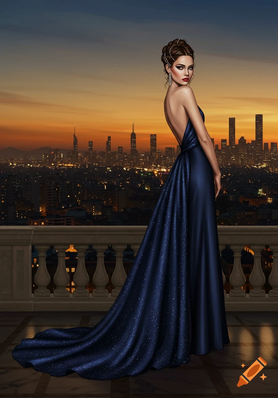 A woman in a sparkling backless dark blue gown on a balcony overlooking a city skyline at sunset.