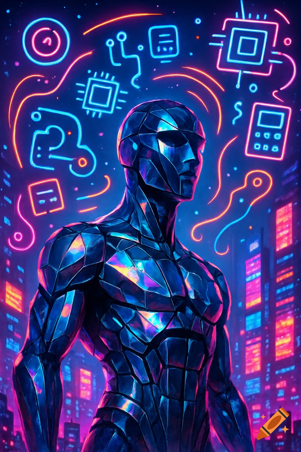 A metallic, geometric humanoid figure stands in a neon-lit cyberpunk city, surrounded by glowing technological symbols.