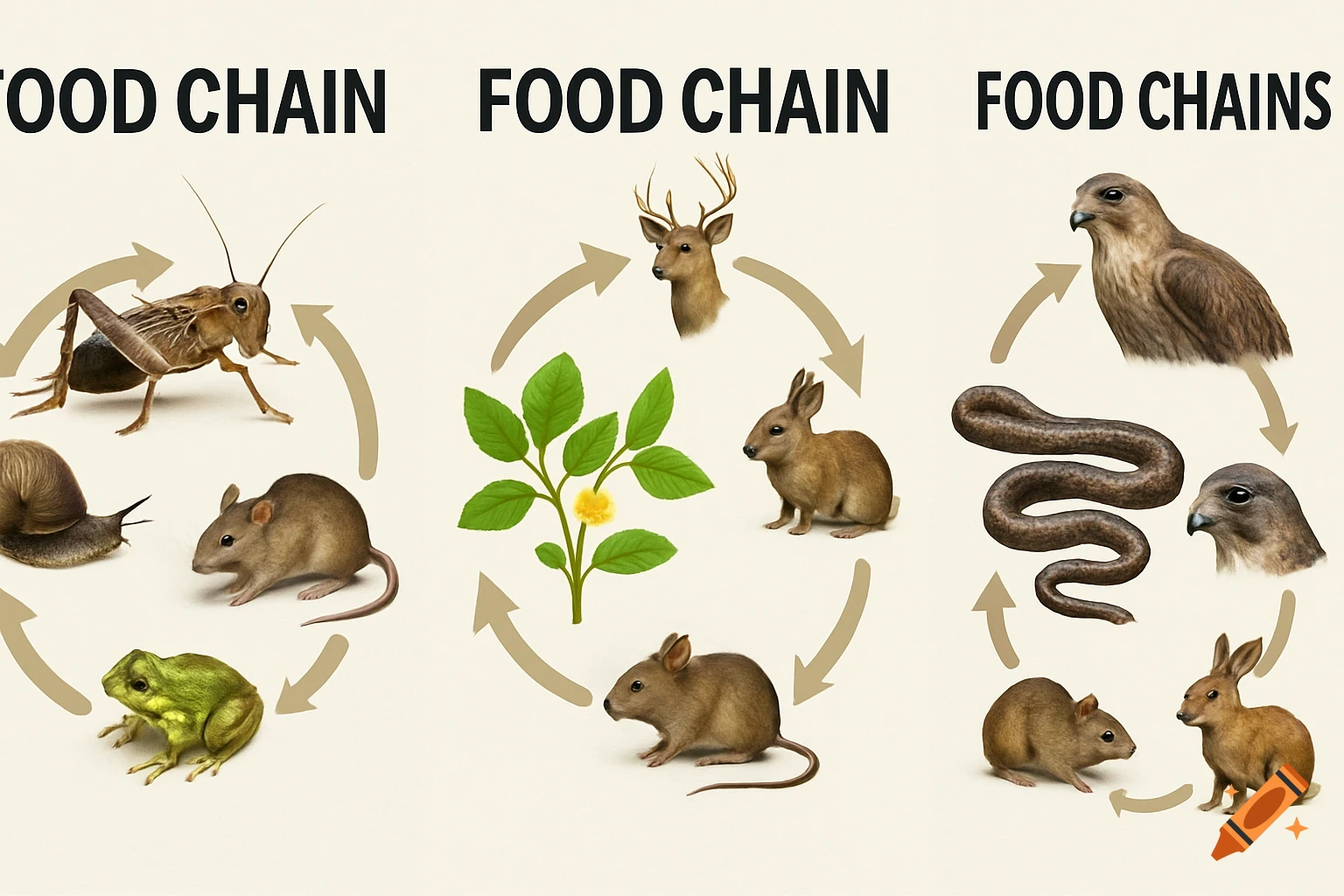 Three detailed food chain diagrams with photorealistic animals and a plant, showing ecological relationships with arrows.