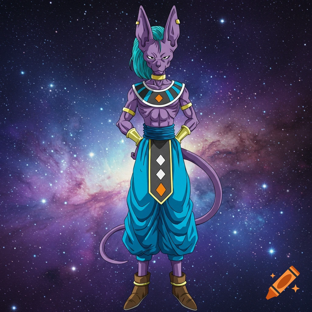 Anime-style purple cat-like deity with teal hair and blue robes stands against a starry galaxy background.