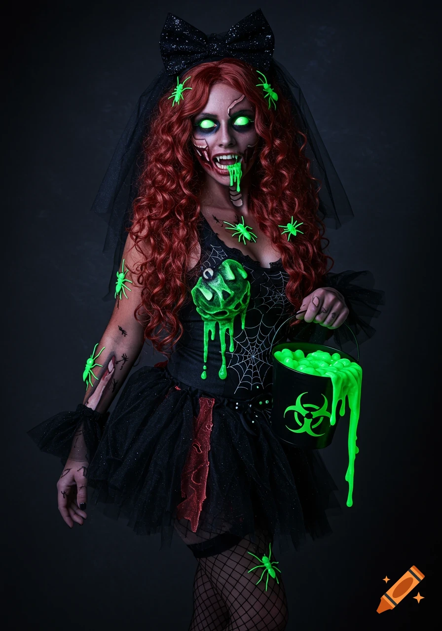 A zombie woman in a black costume, red hair, green glowing eyes, and slime dripping from her mouth, holding a biohazard bucket with green slime.