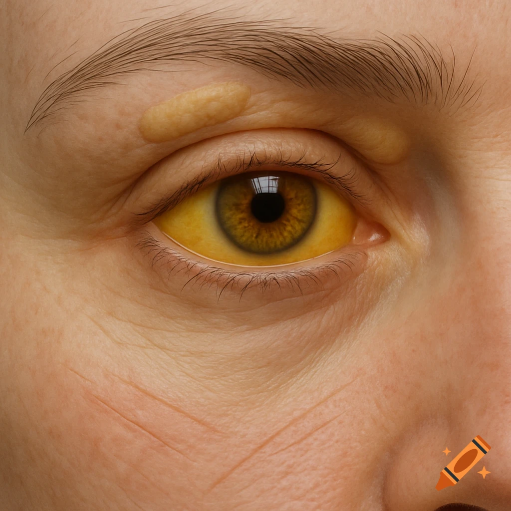 Close-up of an eye with severe jaundice, yellow xanthelasma bumps on the eyelid, and faint scratch marks on the skin.