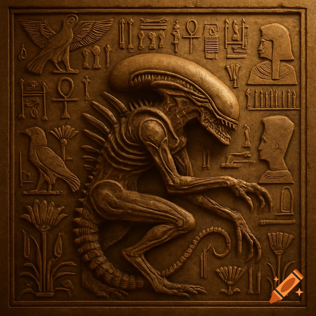 An ancient Egyptian-style carved relief depicting a Xenomorph surrounded by hieroglyphs and figures.