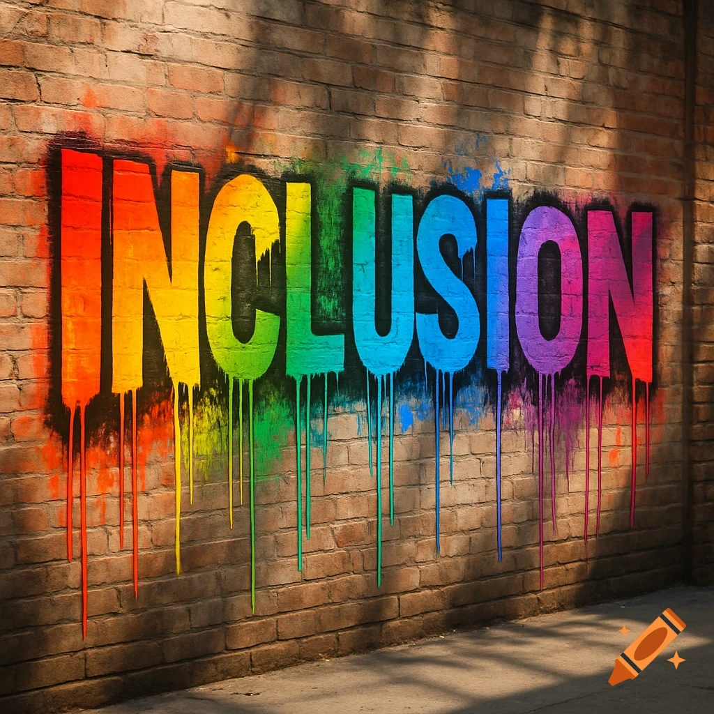 Colorful rainbow graffiti spelling 'INCLUSION' on a brick wall with dripping paint.