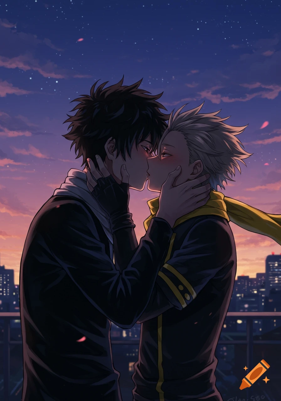 Two anime men with spiky hair kiss against a beautiful sunset sky and city lights.