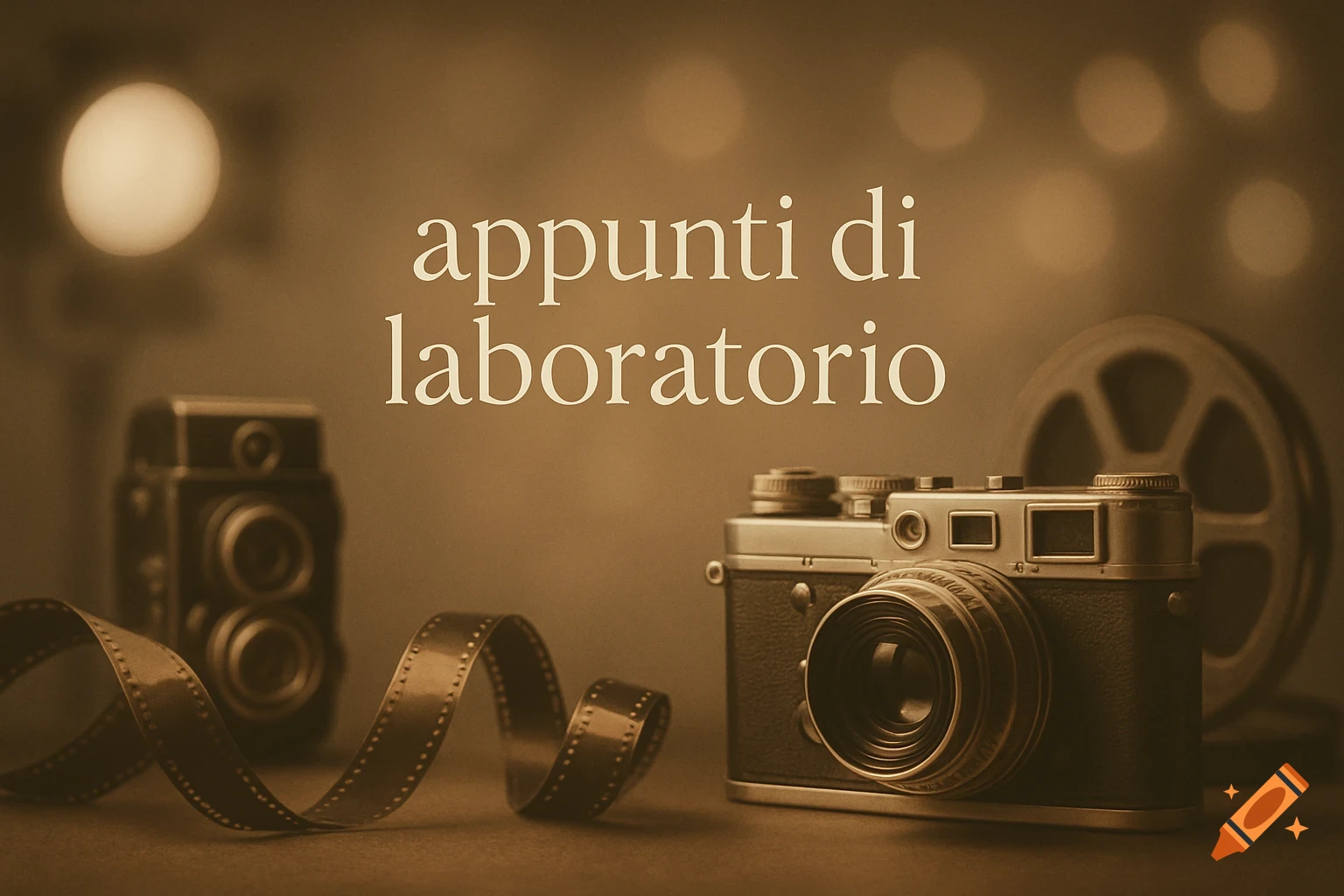 Vintage sepia still life with two cameras, film reel, and film strip, with text "appunti di laboratorio".