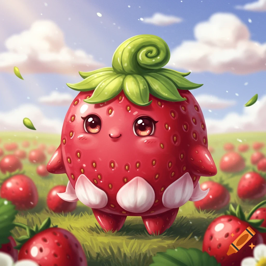 A cute, cartoonish anthropomorphic strawberry character with big eyes and a green swirled stem smiles in a sunny strawberry field.