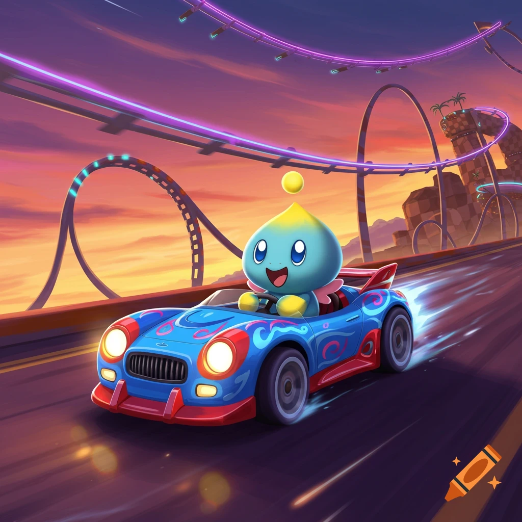 A blue Chao from Sonic the Hedgehog races a blue car on a vibrant track with neon loops at sunset, in an animated style.