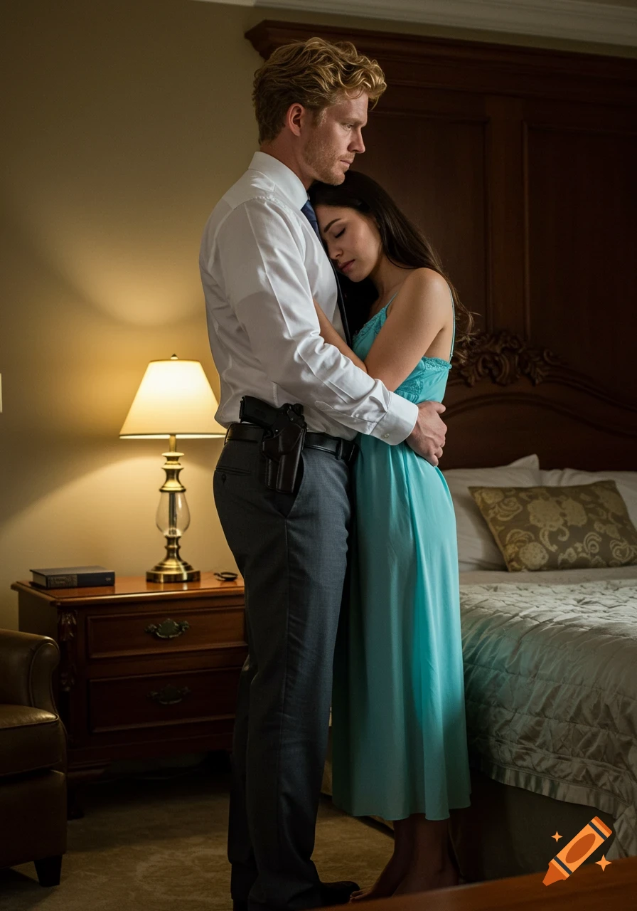 Photorealistic image of a man in a shirt and slacks with a sidearm embracing a woman in a blue nightgown in a bedroom.
