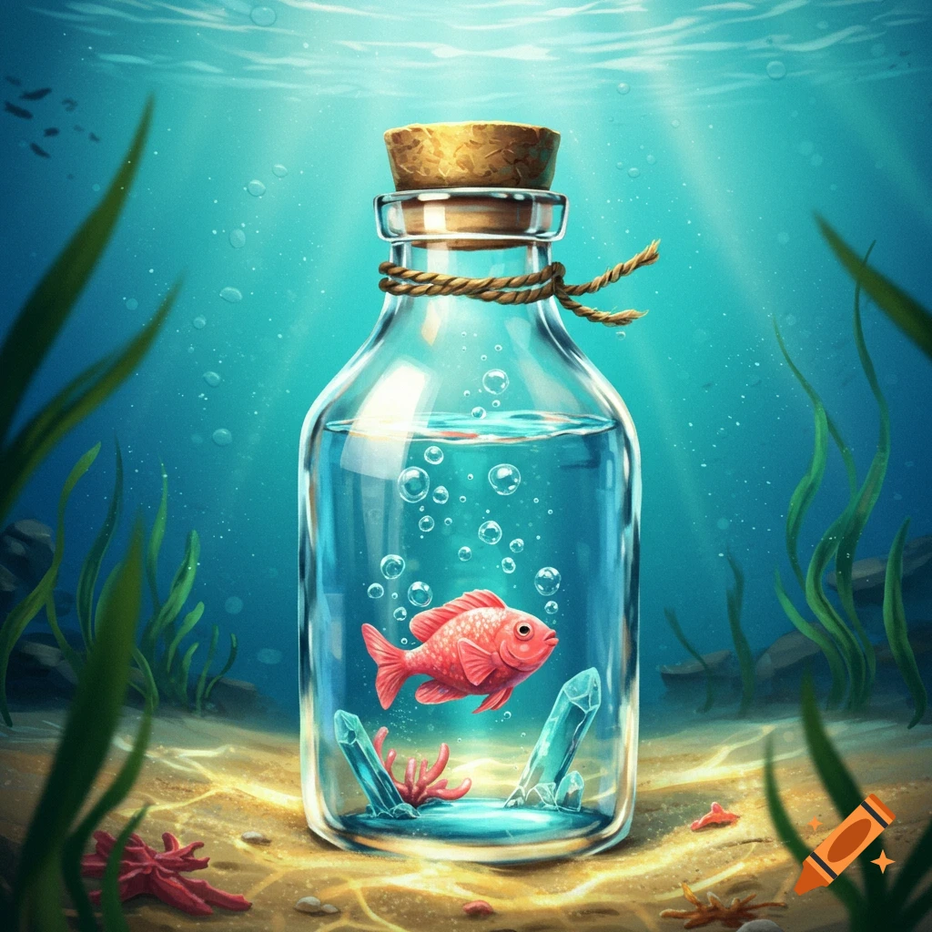 Stylized illustration of a small red fish inside a corked glass bottle at the bottom of a vibrant ocean.