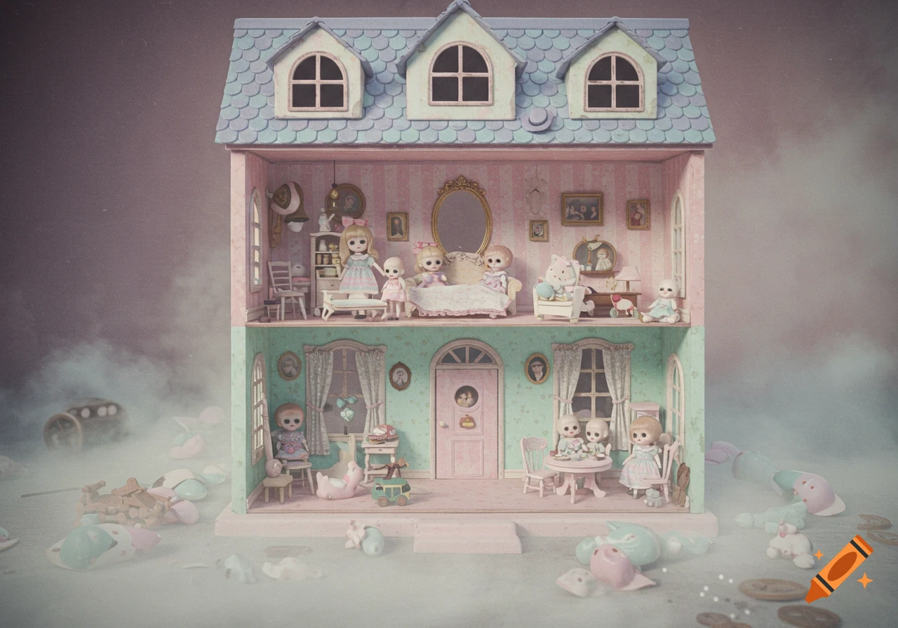 A pastel two-story dollhouse with multiple rooms, each filled with stylized dolls and miniature furniture, surrounded by a light mist.