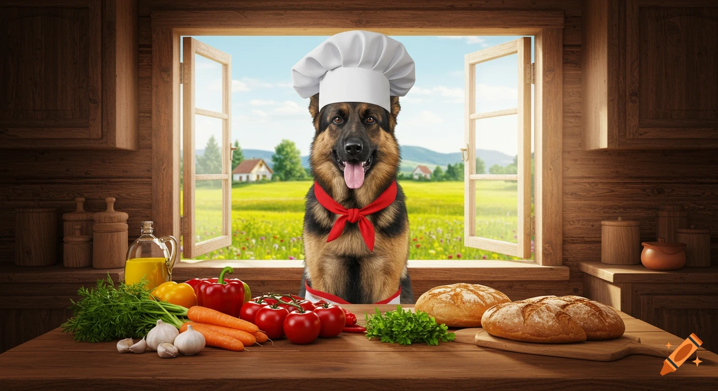 Photorealistic German Shepherd dog chef in a white hat and red scarf looks through an open rustic kitchen window, with fresh vegetables and bread on the table.