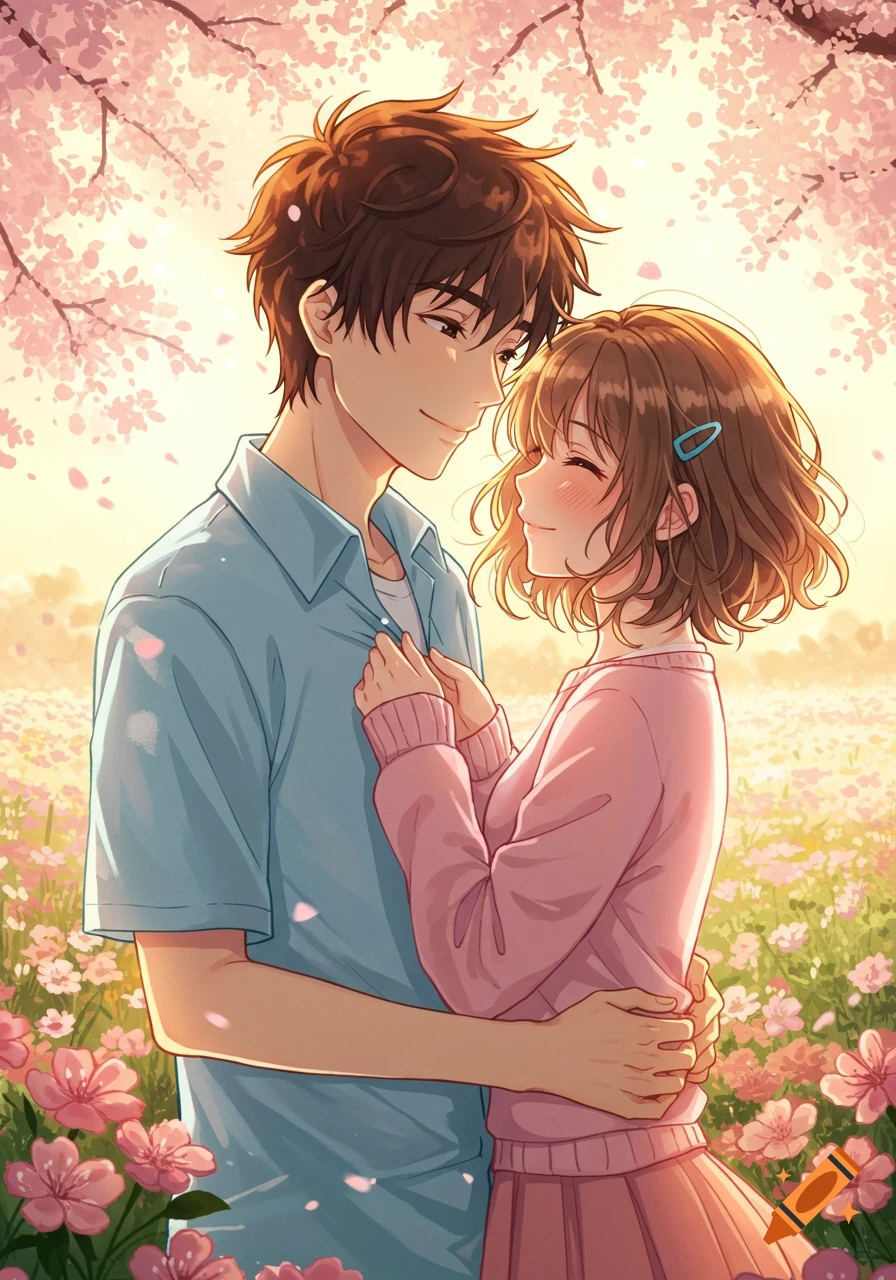 Anime illustration of a young couple embracing in a lush flower meadow with cherry blossoms, golden hour.