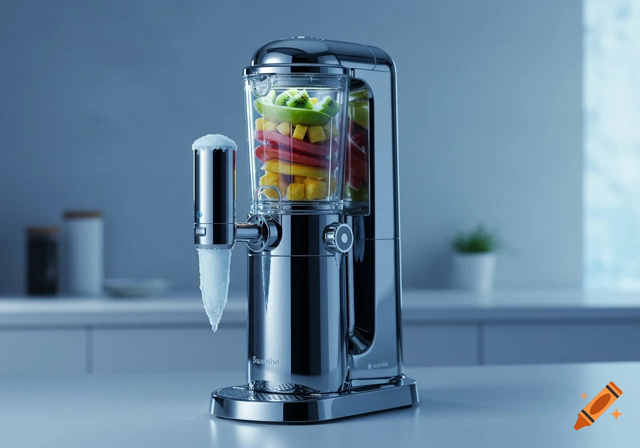 A sleek, chrome futuristic smoothie machine on a kitchen counter, filled with cut fruit, with an icing dispenser attachment producing a conical ice shape.