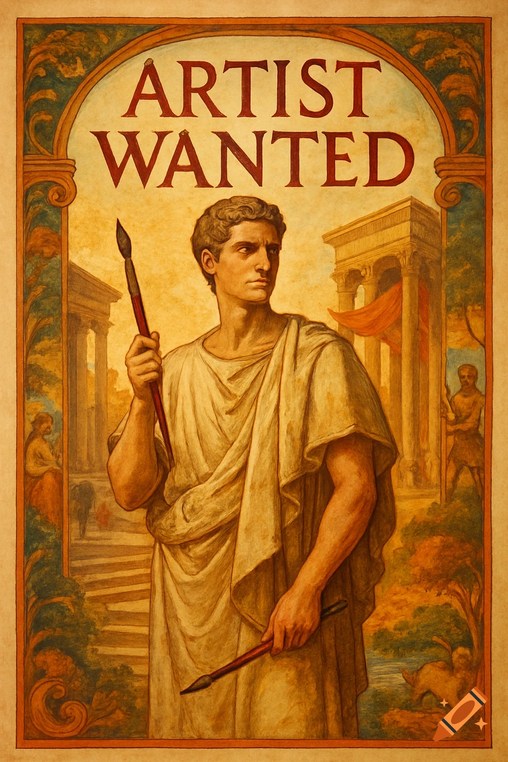 Illustrated classical poster: A Roman man in a toga holds paintbrushes, with 'ARTIST WANTED' text and ancient ruins.