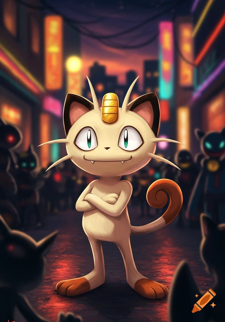 Meowth from Pokemon stands confidently with crossed arms in a neon-lit city street at night, with shadowy figures in the background.