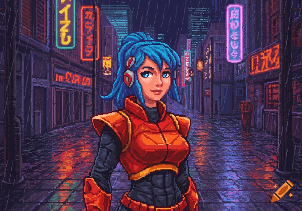 A blue-haired pixel art female character in a red and black suit stands in a rainy cyberpunk city street with neon signs.