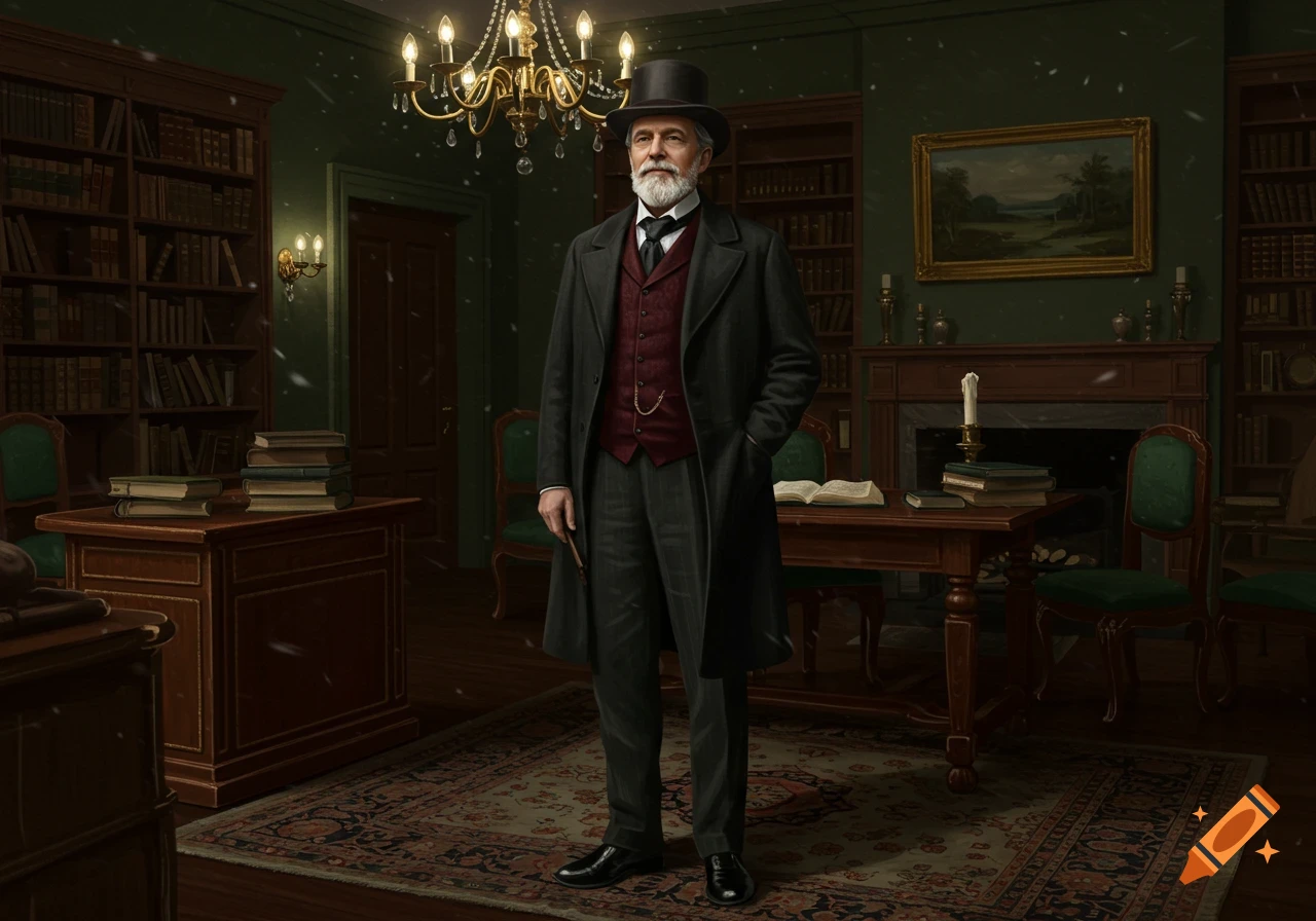 A dignified 19th-century gentleman in a top hat and coat stands in an elegant, green-walled study with bookshelves and a chandelier.