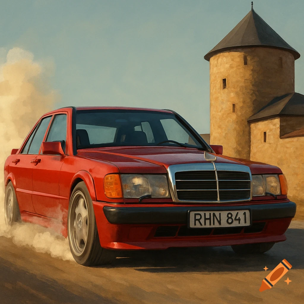 Red Mercedes 190E car kicks up dust, with license plate RHN 841, in front of a round stone tower, digital painting.