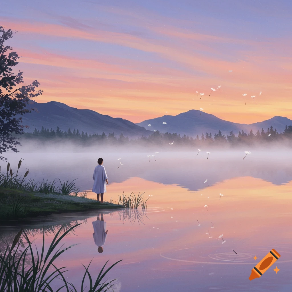 A person stands by a misty lake at sunset with mountains in the background and dandelion seeds floating, in a fantasy art style.