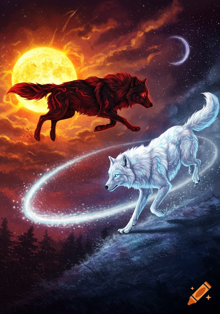Digital art of a red and black wolf against a fiery sunset and a white and blue wolf against a starry night sky with a crescent moon.