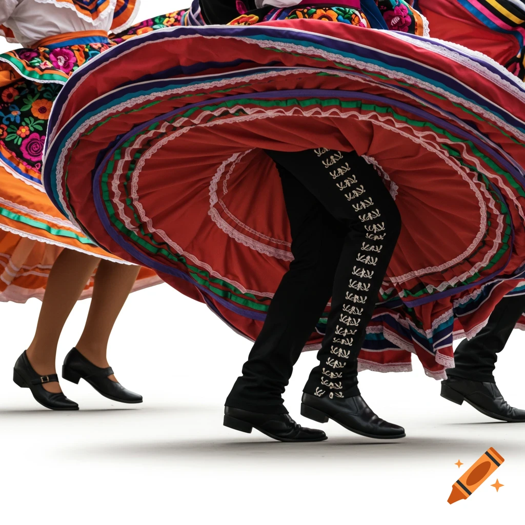Lower half of dancers in colorful traditional Mexican folk dance attire with voluminous skirts and decorated trousers, moving on a white background.