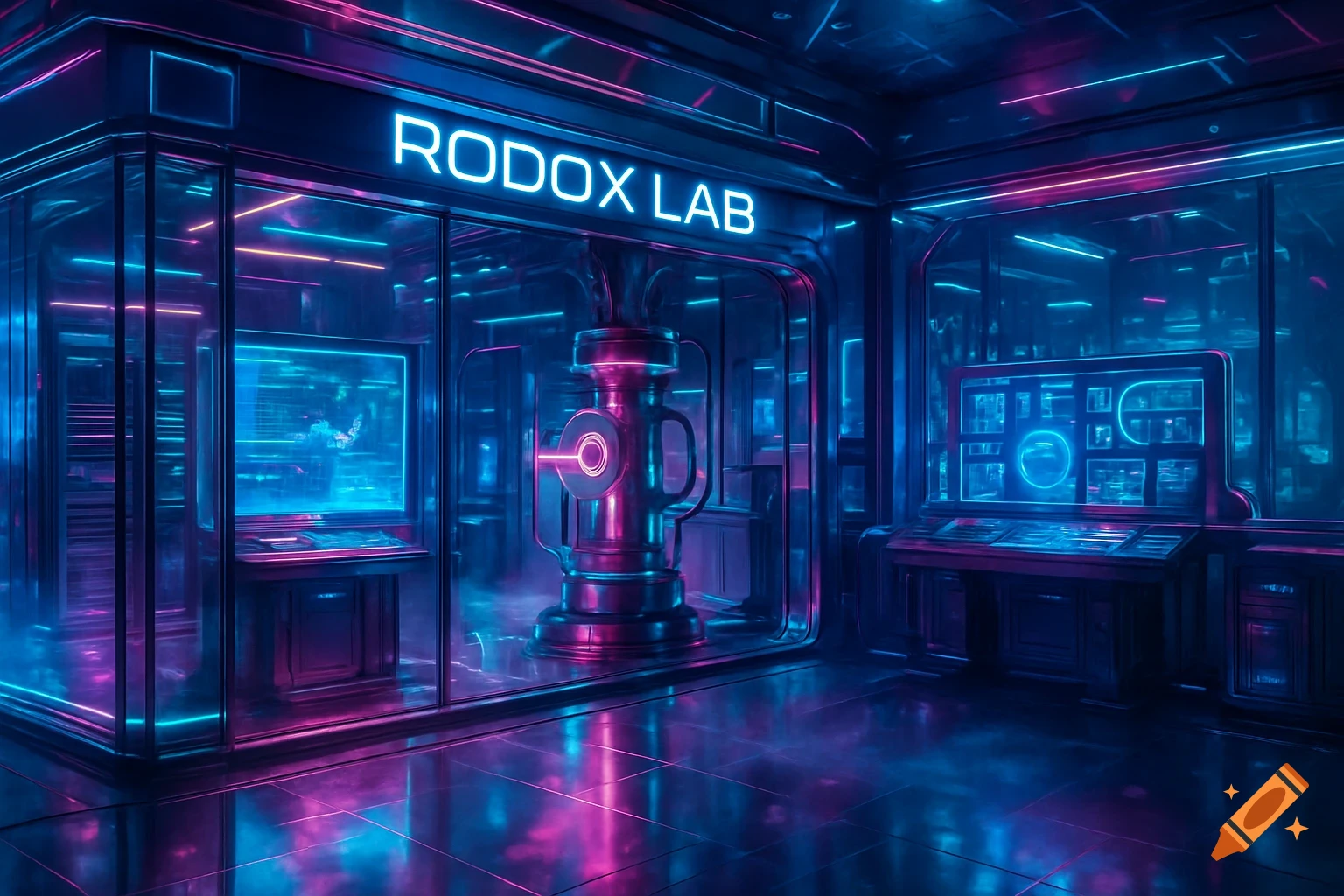 A futuristic laboratory with glass walls, neon pink and blue lights, and a central glowing machine. A sign above reads 'RODOX LAB'.