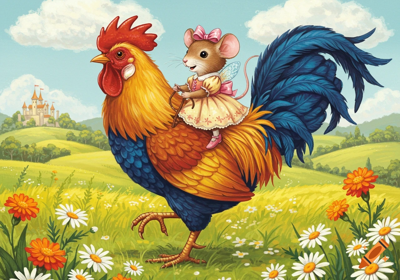 A cute mouse in a dress and bow rides a colorful rooster through a green meadow with flowers and a castle, in a whimsical children's illustration.