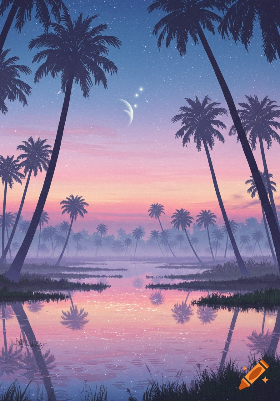 Surreal tropical swamp at twilight with palm tree silhouettes, a pink and blue sky, a crescent moon, and Venus.