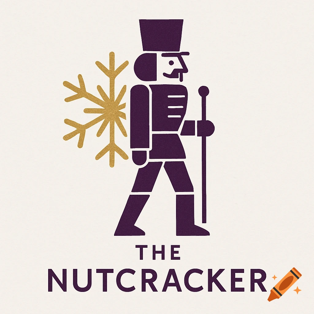 Stylized two-color logo for The Nutcracker, featuring a purple nutcracker soldier and a golden snowflake.