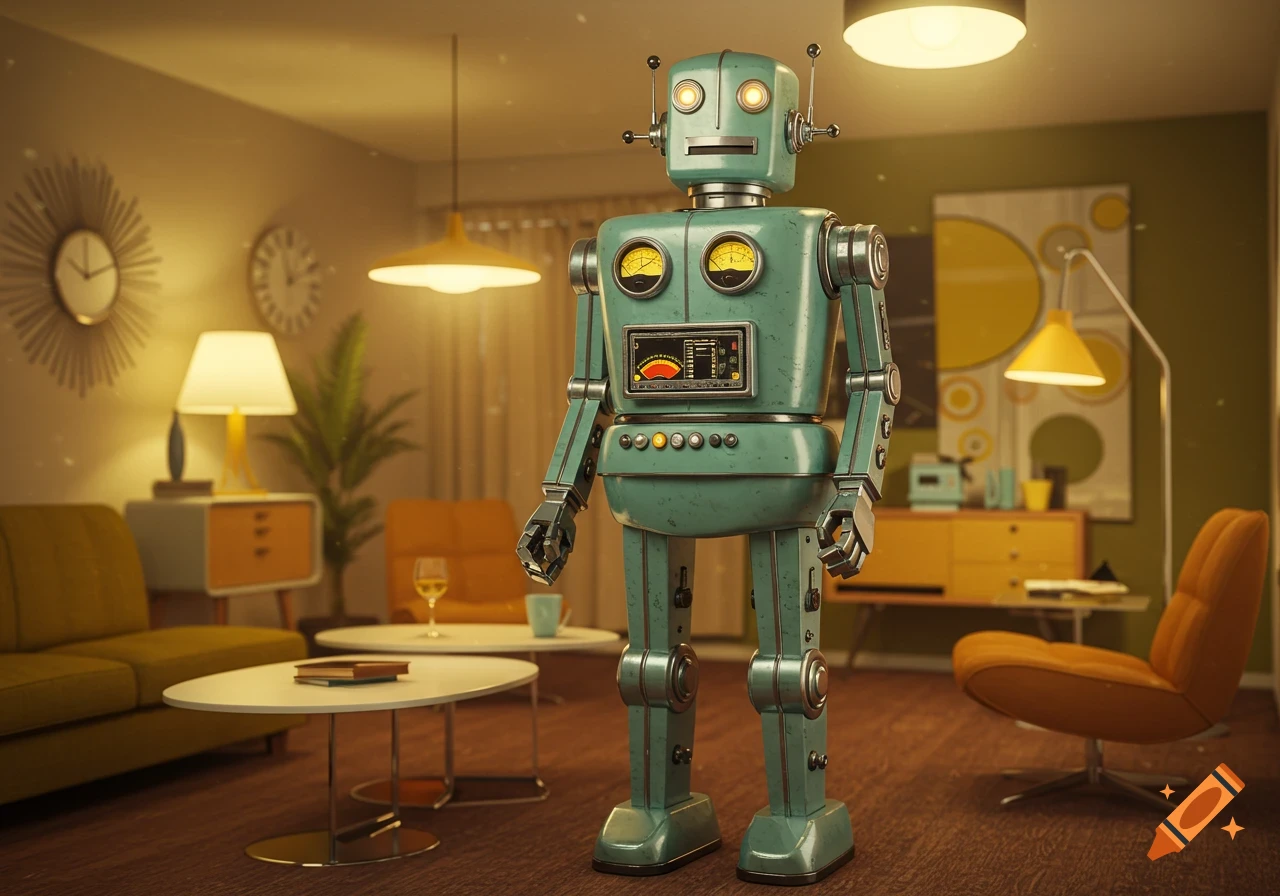 A vintage-style teal robot with gauges on its chest stands in a cozy, warmly lit mid-century modern living room.