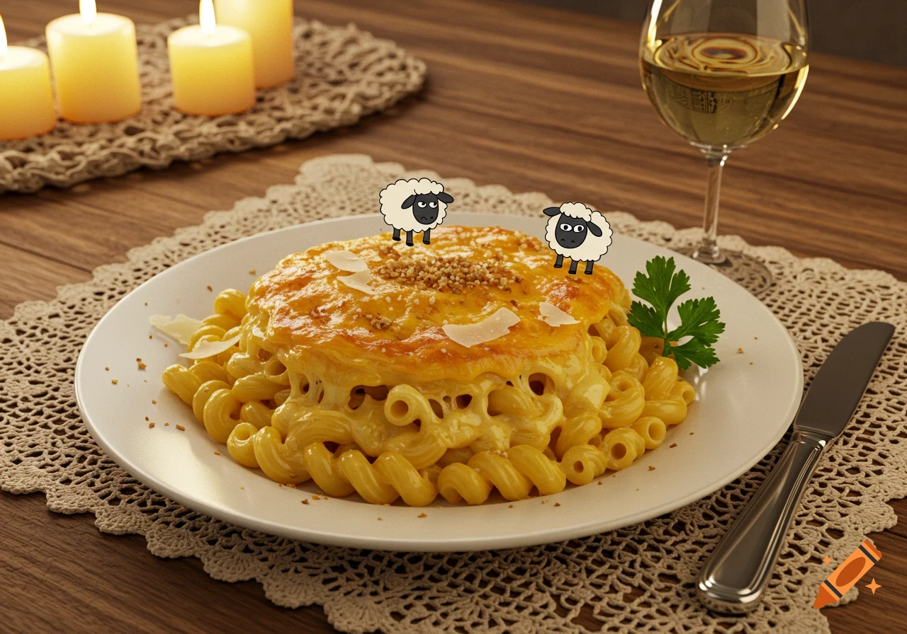 A plate of creamy, golden-baked macaroni and cheese with spiral pasta, garnished with parsley and two cartoon sheep, on a table with candles and a glass of white wine.