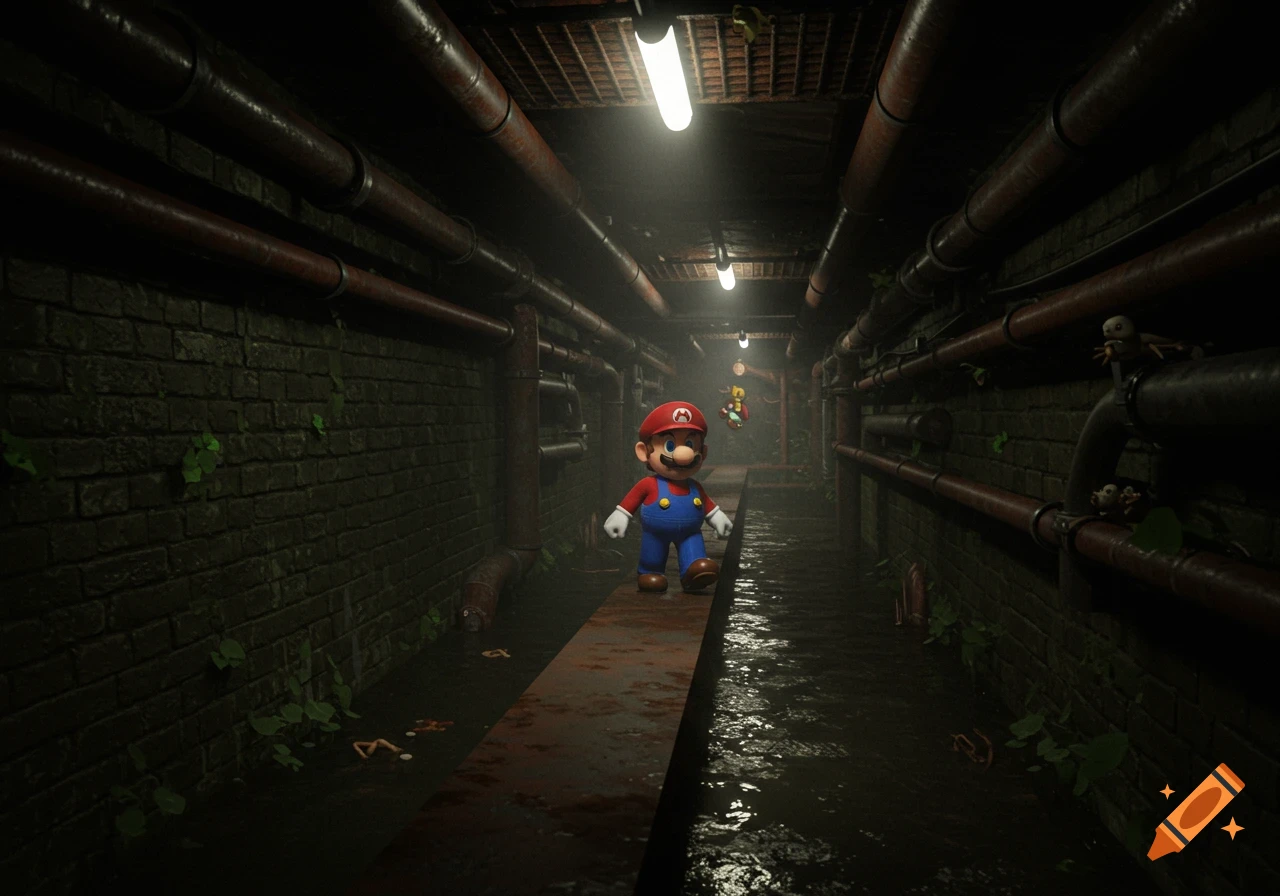 Photorealistic Mario stands on a rusty platform in a dark, pipe-filled sewer, water reflecting light on the sides.